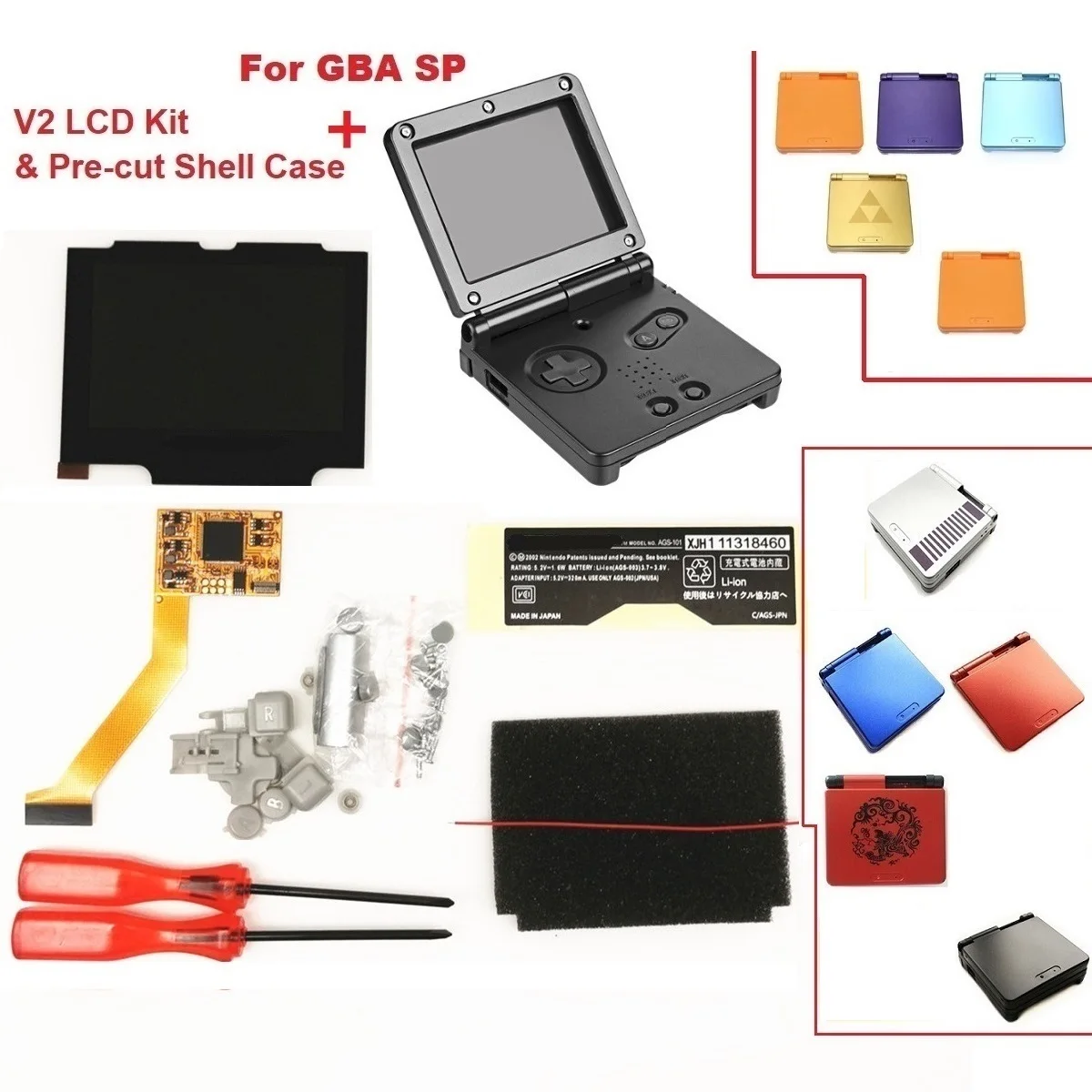 V2 IPS Screen LCD Kits for GBA SP Backlight LCD Screen 5 Levels Brightness V2 Screen For GBA SP Console And pre-cut Shell