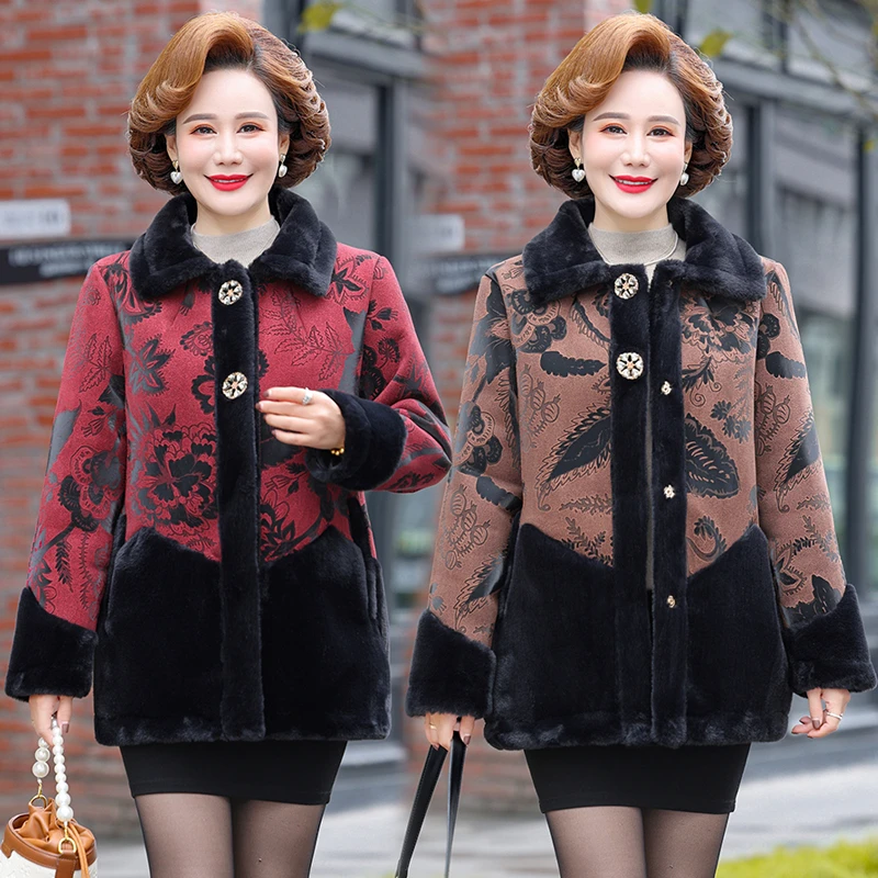 

Women's Leather Faux fur patchwork printing Jacket new Winter Plus Velvet Warm short Leather Coat Female Outerwear