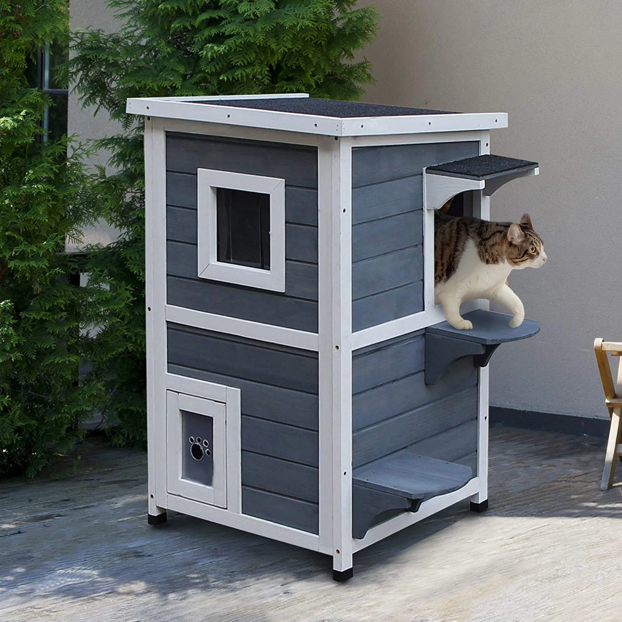 2-Story Wooden Cat House Cat Shelter with Stairs and Balcony Indoor/Outdoor 20.08 L x 20.08 W x 17.99 H inches 
