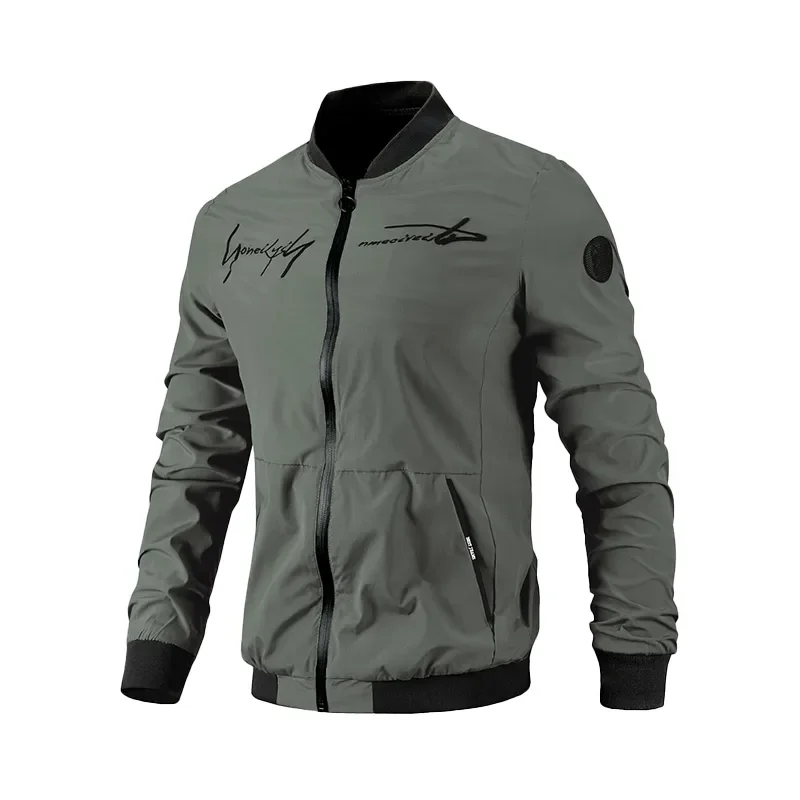 

Zipper Baseball Jacket Mens Letter Print Bomber Jacket Loose Fitting Retro Tops Casual Stand Collar Grey Black Cool Coat