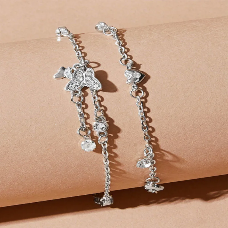 

Butterfly Anklets Women Double Chain Ankle Bracelets Bohemian Gold Sliver Color Heart Anklet Jewelry For Foot Summer Beach Gift