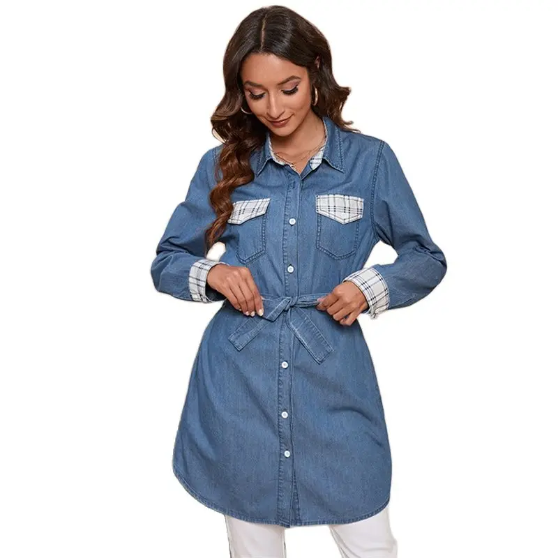 

Long Sleeve Jacket Dresses Two Wear Women 2022 Spring Fashion Mid Length Lace Up Ladies Partial Printing Denim A Line Skirt