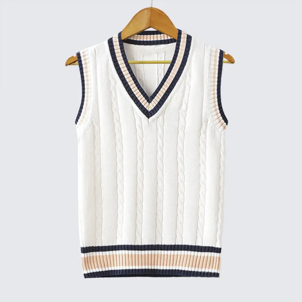

Knitted Sweater College Style Unisex V-neck Knitted Waistcoats with Twist Texture Striped Splicing for Autumn Winter Color
