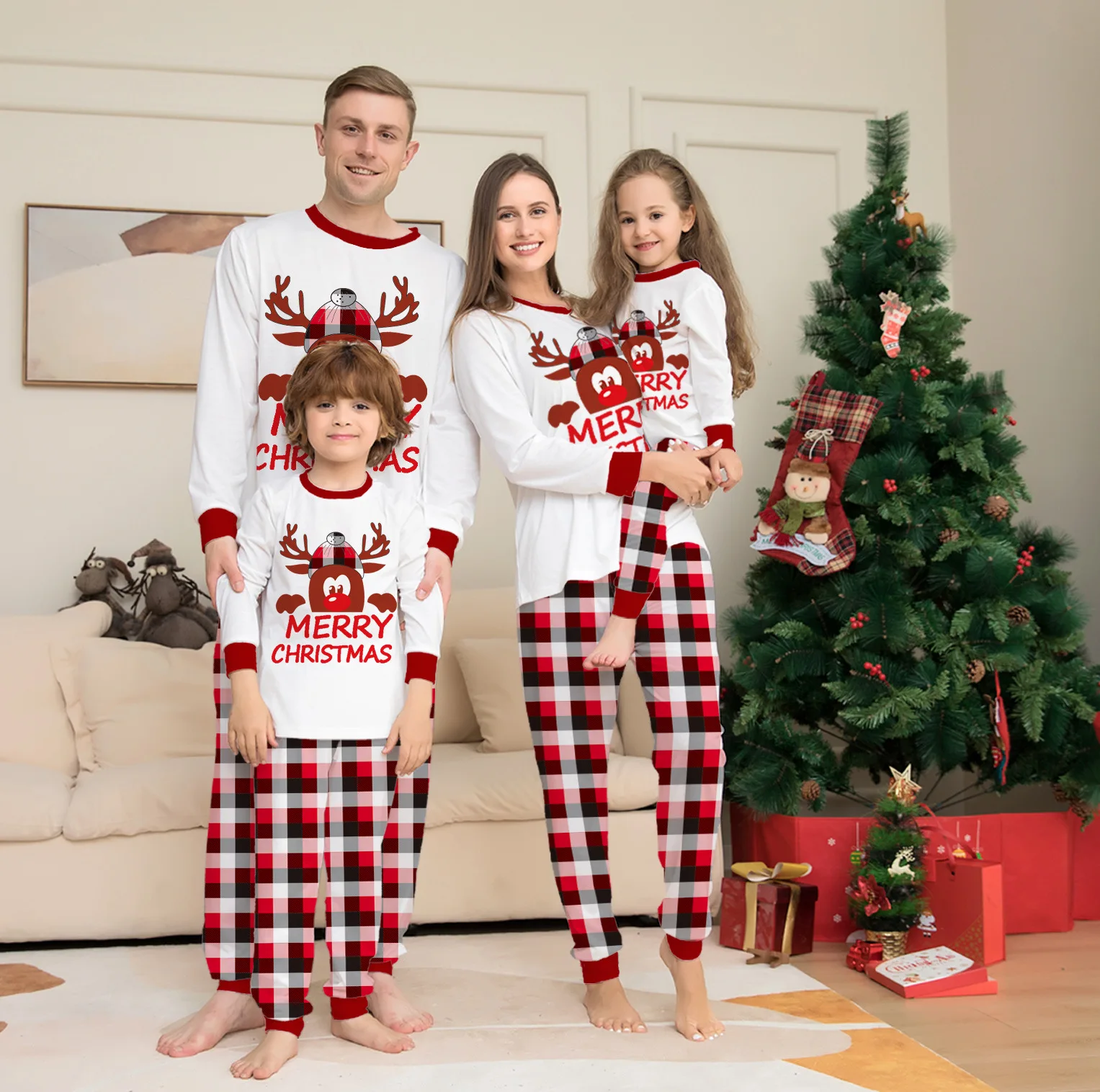 

Merry Christmas Family Pajamas Outfits 2023 Xmas Cartoon Elf Costume Plaid Couples Set Baby Jumpsuit Family Matching Pyjamas
