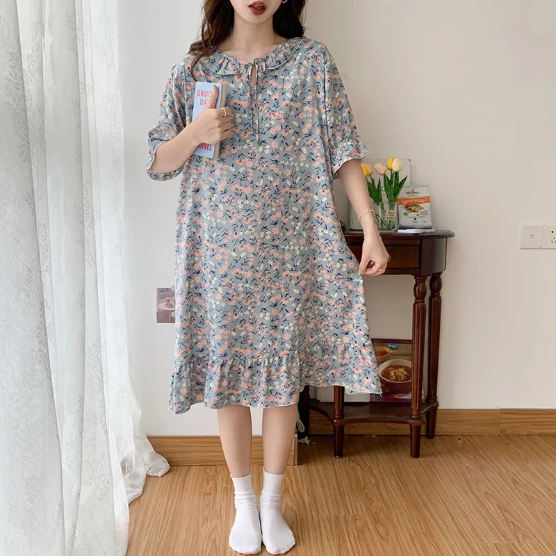 Cotton Short Sleeve Women Printing Nightgown Sleepdress Homedress Round Neck Loose Casual Loungewear Camicia Notte Donna Sexy