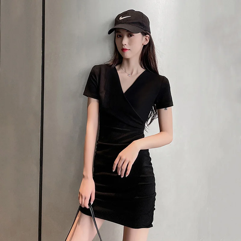 2023 Summer New Little Black Dress Women's Slim Fit V-neck Short Sleeve Dress Temperament Sexy Wrapped Hip Short Skirt
