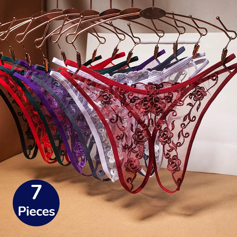 

WarmSteps 7PCS Transparent Women's Panties Female Lace Underwear Open Crotch Thongs Sexy Lingerie Erotic Panty Hot G-Strings Bow