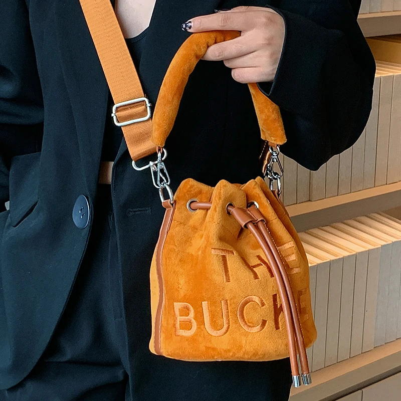 Female Brown Shoulder Bag Quality Velvet Small Ladies Drawstring Handbag Chic Original Letter Print Women Bucket Crossbody Bags
