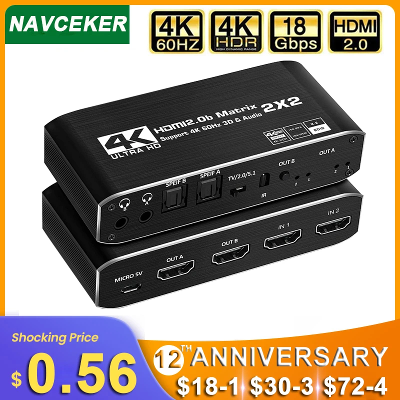 

2022 2x2 Matrix Switch Splitter with SPDIF and L/R 3.5mm HDR HDMI-compatible Switch 4x2 Support HDCP 2.2 ARC 3D 4K@60Hz for PS5