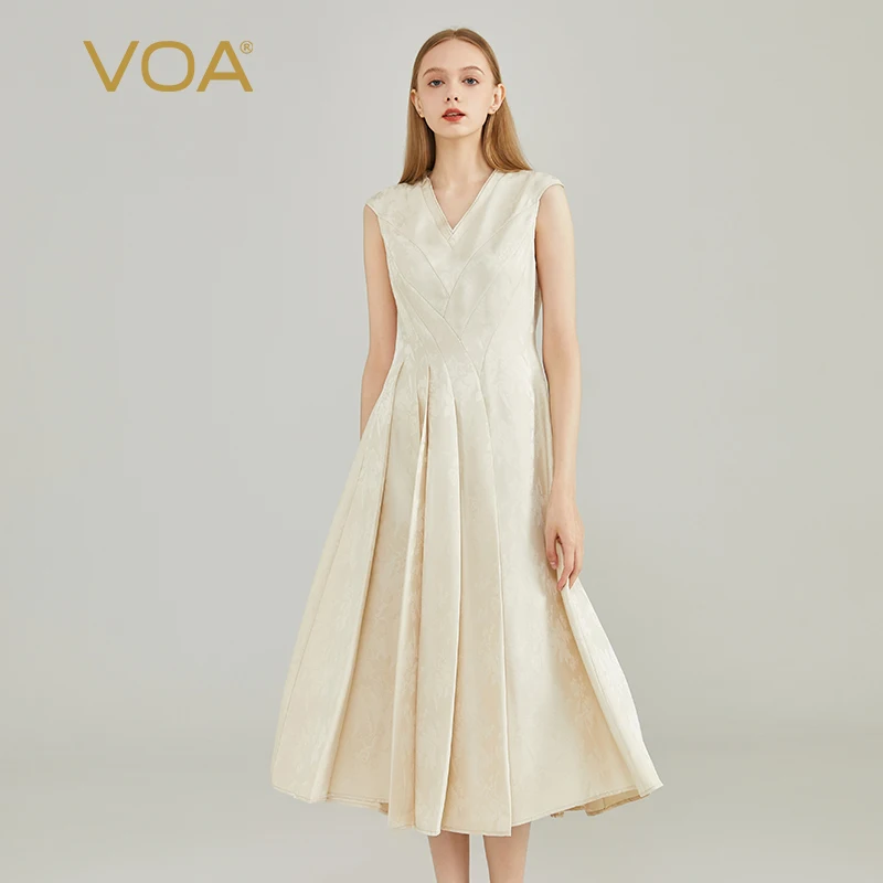 

(Fans Exclusive Discount) VOA Heavyweight Silk Jacquard V-Neck White Cap Sleeves Simple Large Swing Dress Women Summer AE2189