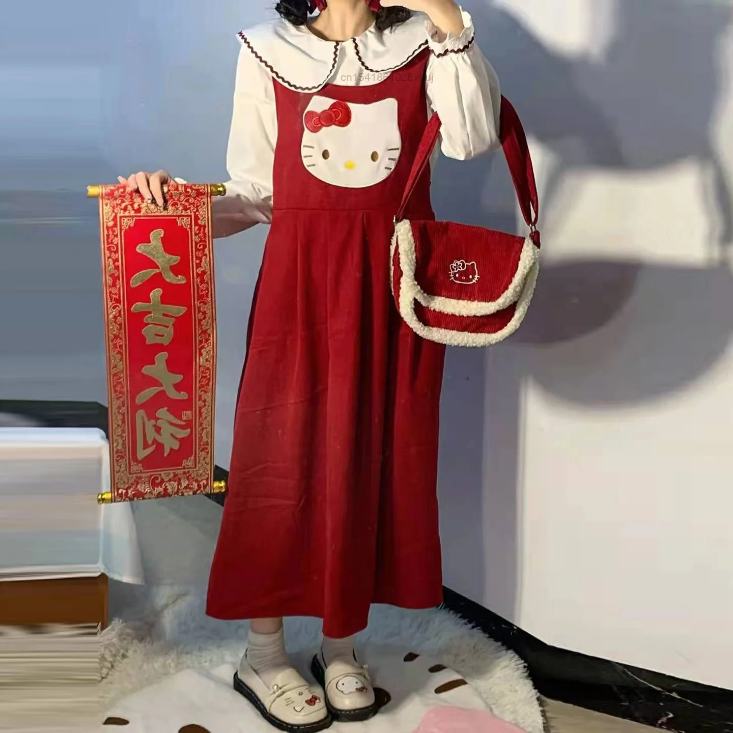 

Sweet Lovely Hello Kitty Printed Red Suspender Dress Spring Summer Loose Versatile Long Knee Casual Strap Skirt Female Y2k Girls