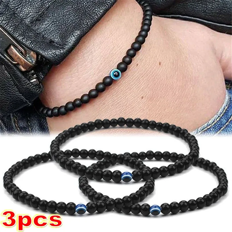 1/3Pcs Turkish Evil Eyes Bracelet Black Natural Stone Beads Obsidian Men Braslet for Women Men Yoga Hand Jewelry Accessories AAA