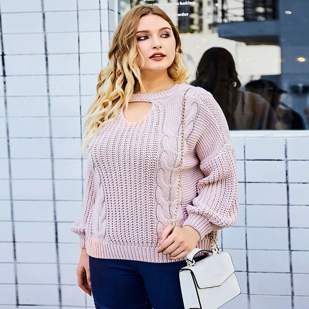 

Plus Size Women Sweater Soild Long Sleeve Knit Tops O Neck Loose Pullover Ladies Pink Hollow Out Round Neck Large Sweater XL-4XL