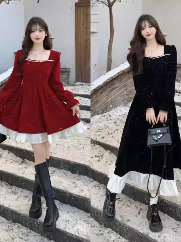 Большое сверкающее новогоднее красное бархатное платье женское весенне-осеннее