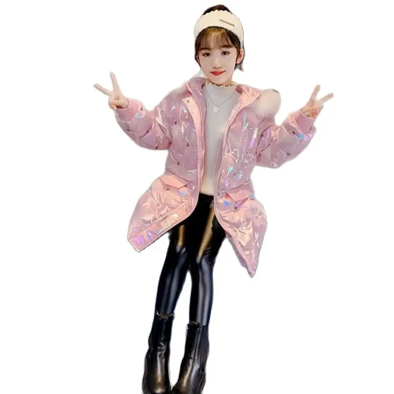 

Teens Down Padded Clothes for Girls Mid-Length Fashion Bright Winter Coat Thick Warm Parka Fur Collar Outerwear with Hood 4-14 Y