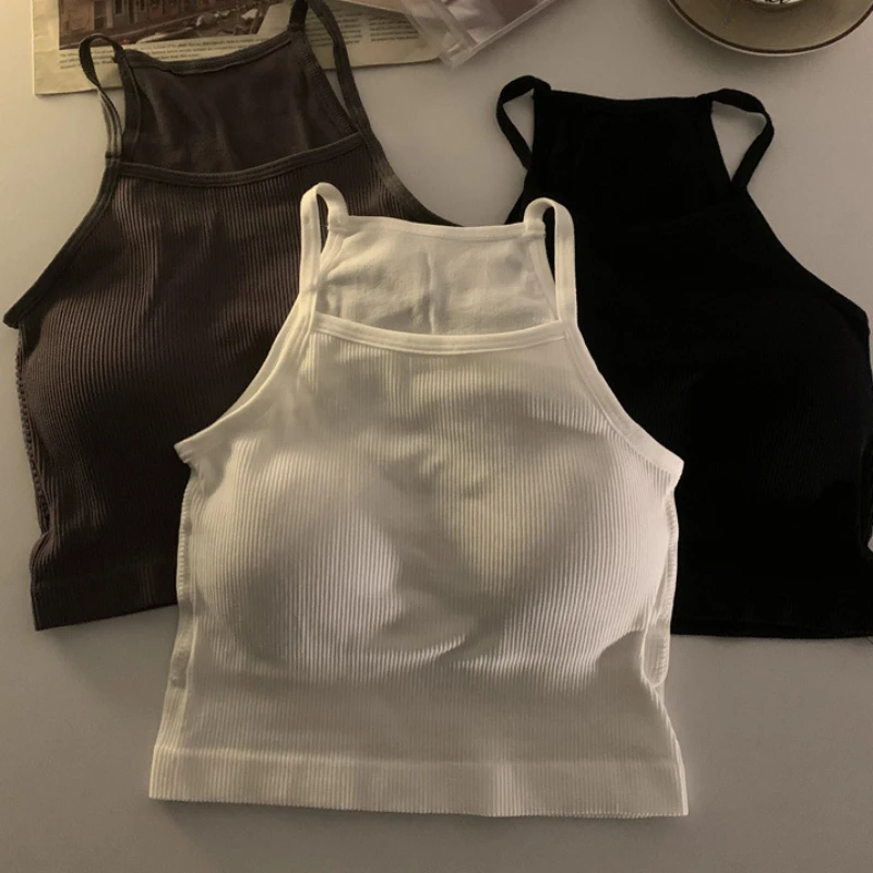 

1pc Korean style Women Tank Tops Thread Solid Casual Fashion Crop Top with Chest Pad Stripe Sleeveless Outer Wear Basic Camisole