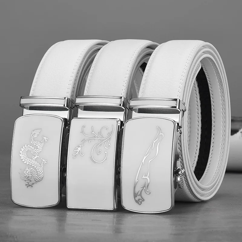 White Automatic Buckle cowhide Belt Chic Casual Commercial Luxury Design Double-sided Genuine Leather Waistband for Men 2023 New