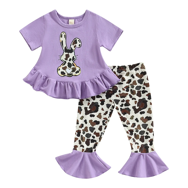 

2022-12-06 Lioraitiin 0-5Years Toddler Girls Easter Clothes Short Sleeve Round Neck Rabbit Print Ruffle Tops Long Pants Outfits