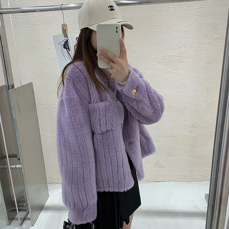 2022 Women Winter Short Jacket Girl's Real Fur Coat Natural Lamb Wool Thick Stand-up Collar Warm Pocket Streetwear Outerwear