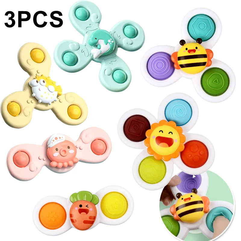 3 pcs Baby Bathing Suction Cup Spinner Toys Strong Sucker Bath Toys Animal Montessori Toy For Kids Funny Child Rattles Teether