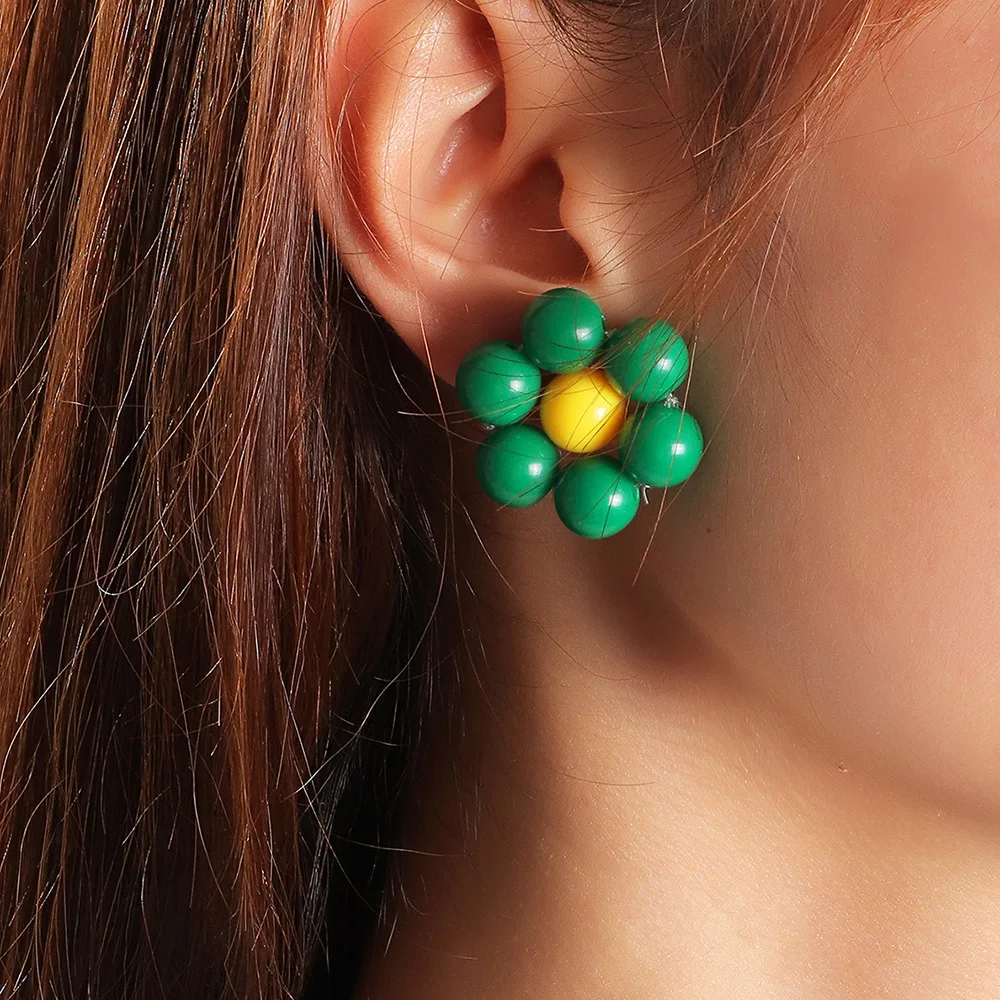 Korean earrings advanced sense Creative weaving beaded flower earrings contrast color ear studs