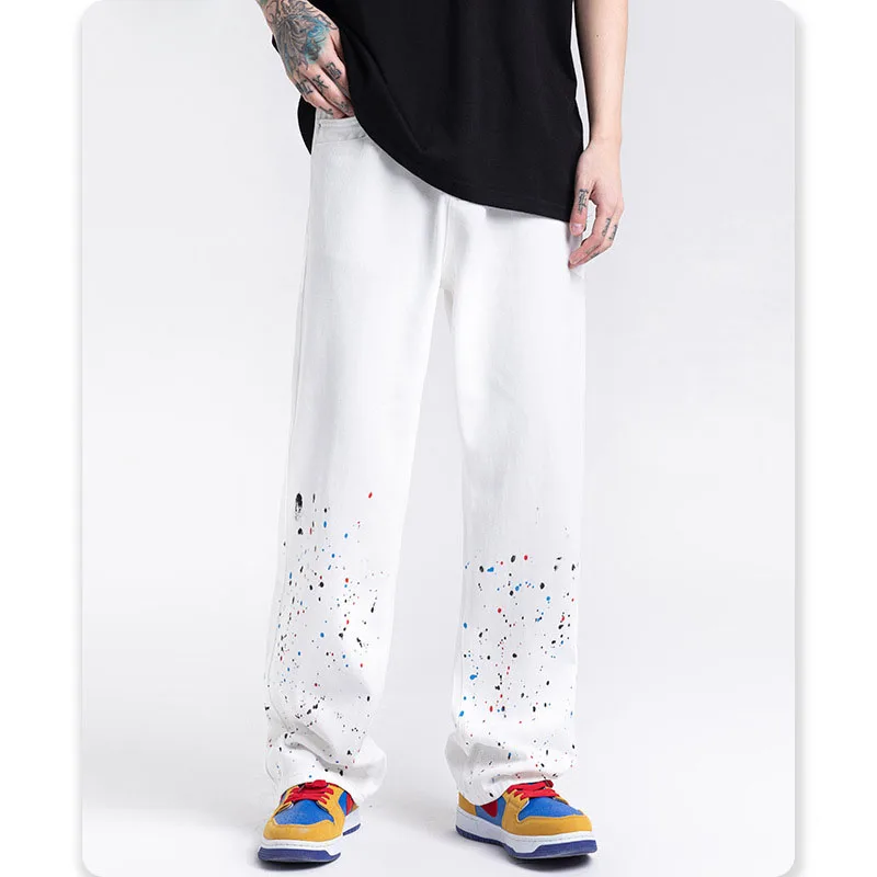 

Черно-белые повседневные байкерские джинсы в стиле панк в стиле хип-хоп облегающие брюки для ночного клуба с красочным принтом для мужчин