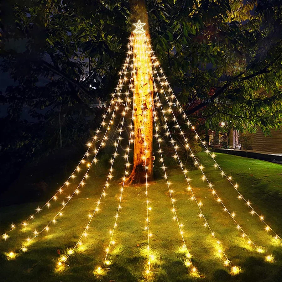 

2024 New Year Christmas Decoration String Lights Outdoor 8 Modes 350LEDs Stars Waterfall Fairy Lights Garland for Party Backyard