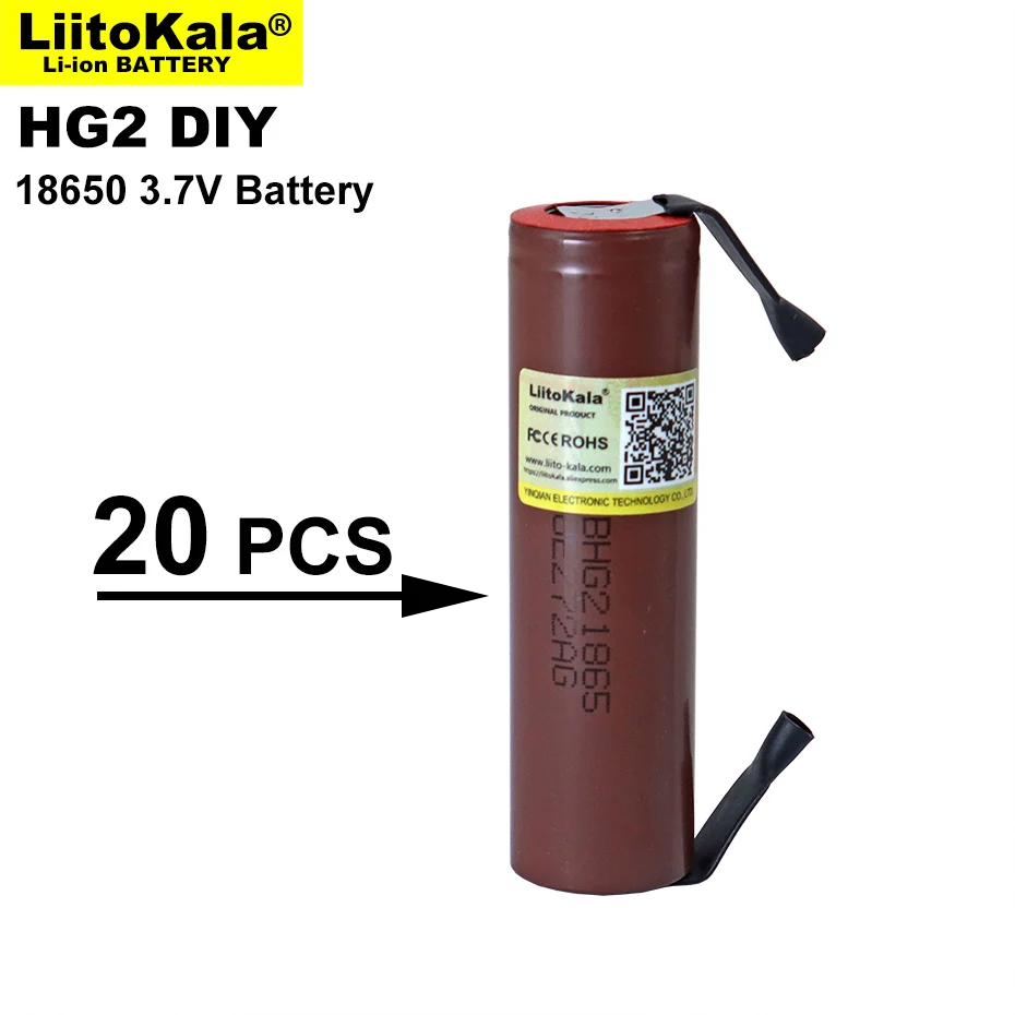 

20 шт. Liitokala для HG2 18650 3000 мАч перезаряжаемый аккумулятор для электронных сигарет с высоким разрядом, 30A высокий ток + DIY Nicke