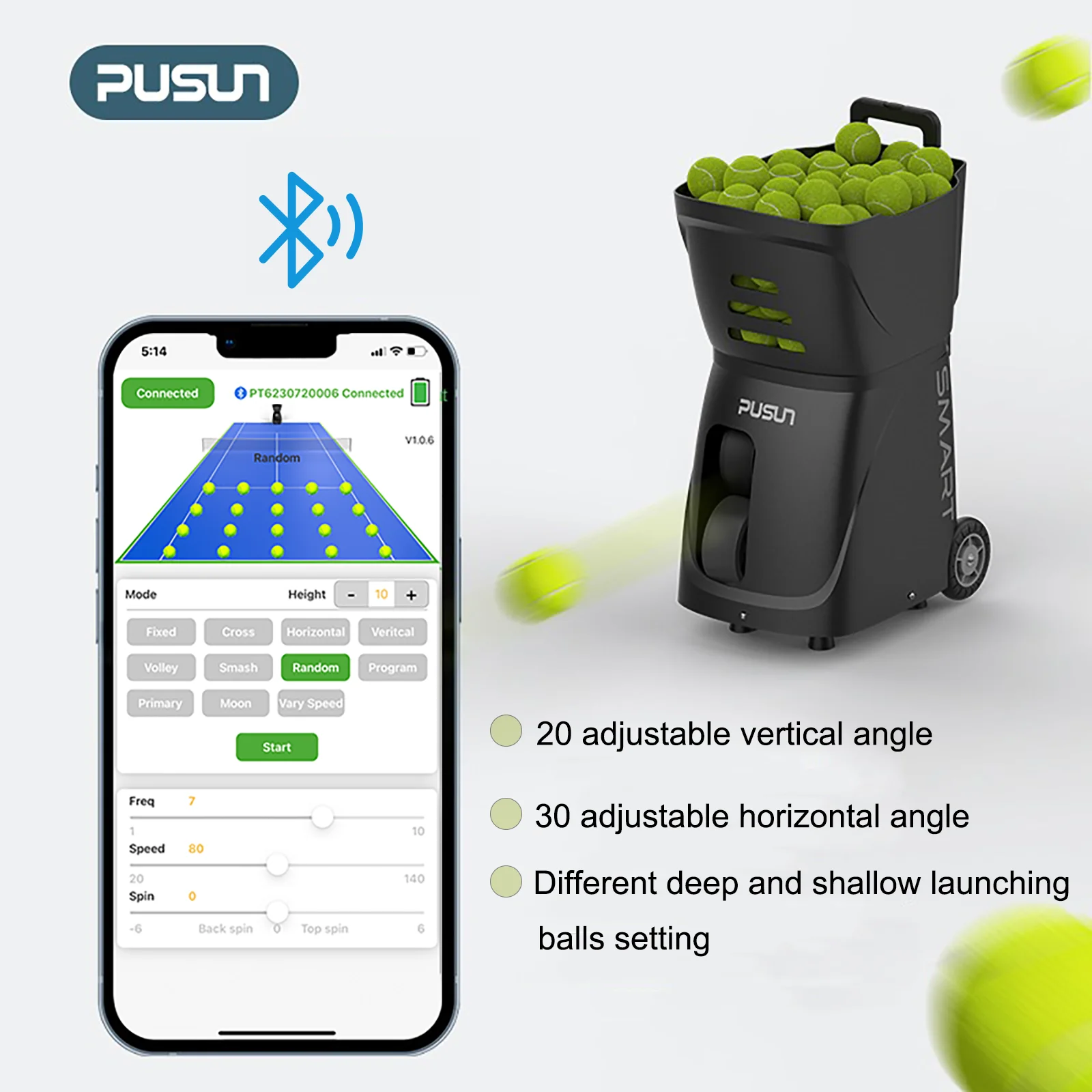 Фото Машина для теннисных мячей, пусковая установка Pusun PT-Smart для теннисных мячей всех уровней, емкость мяча 100 +, 4-6hs рабочее время №2
