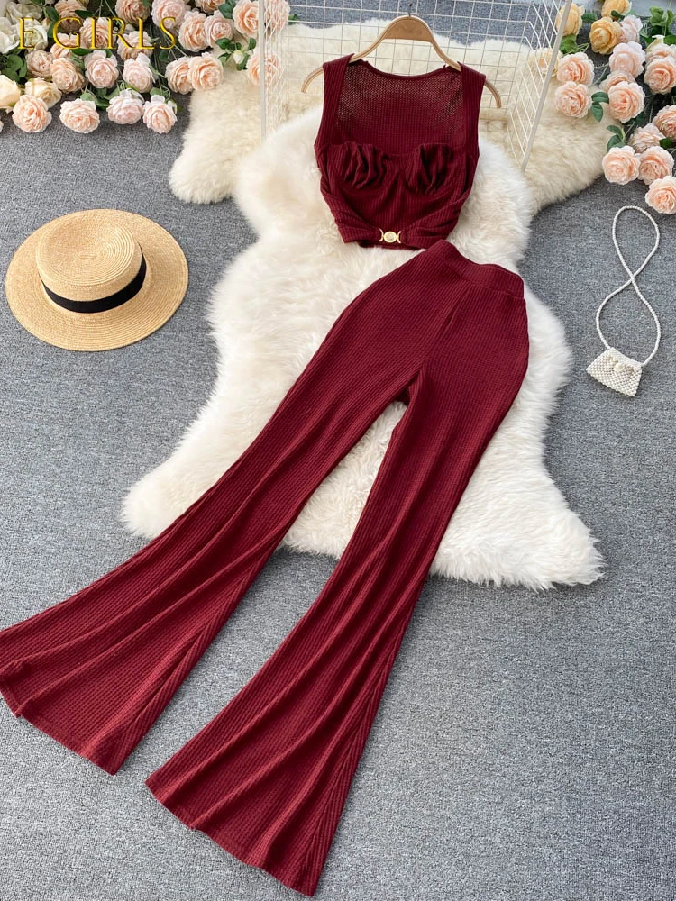 

J GIRLS Autumn Red/Black/White Two Piece Set Elegant Square Collar Short Tops + High Waist Flare Pants Fashion Suits Female