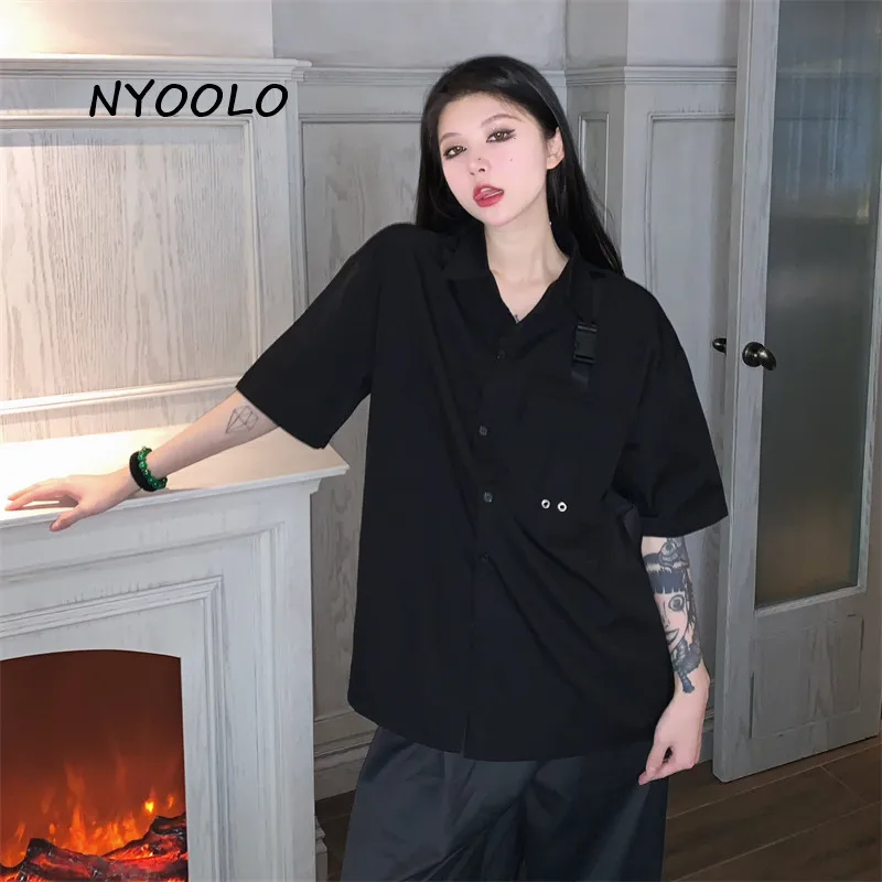 

NYOOLO Summer Dark Black Big Pocket Patchwork Short Sleeve Goth Shirt Women Men Clothing Casual Sreetwear Hip Hop Oversized Tops