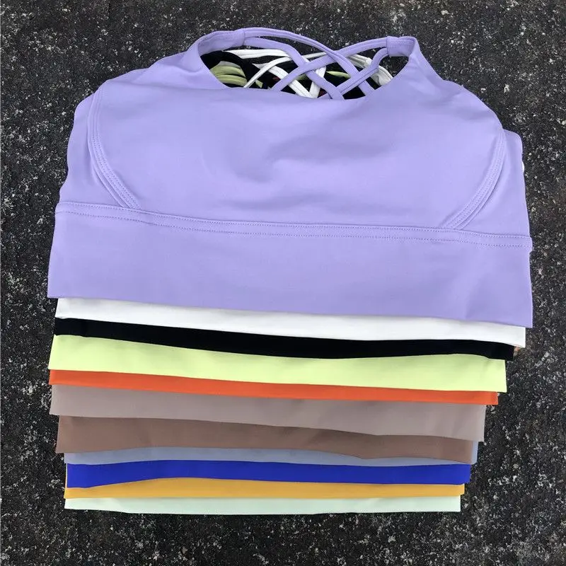 Solid Color Soft Cross Women Fitness Bra Top High Strength Push Up Yoga Underwear Comprehensive Training Jogging With Chest Pad