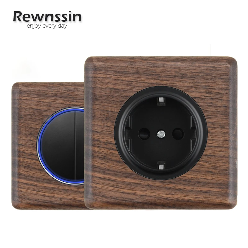

16A Wall Power Outlets,EU RU/FR Electrical Plug Sockets,Black Walnut Grain Panel,LED Large aperture Button Switch,RJ45 TV Outlet