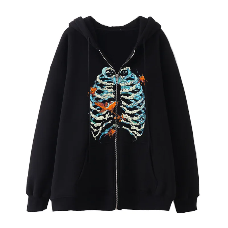 

Hip Hop Hoodies Men Women Fashion Loose Skeleton Print Punk Club Sweatshirt Casual Zip Up Oversized Couple Harajuku Streetwear