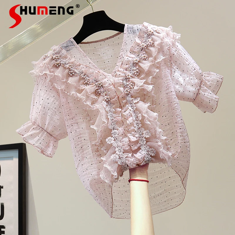 

Elegant Rhinestones Ruffled Short Sleeve Polka Dot Thin Shirt 2022 Summer New Woman Loose Beaded Sequins Lace V-neck Chiffon Top