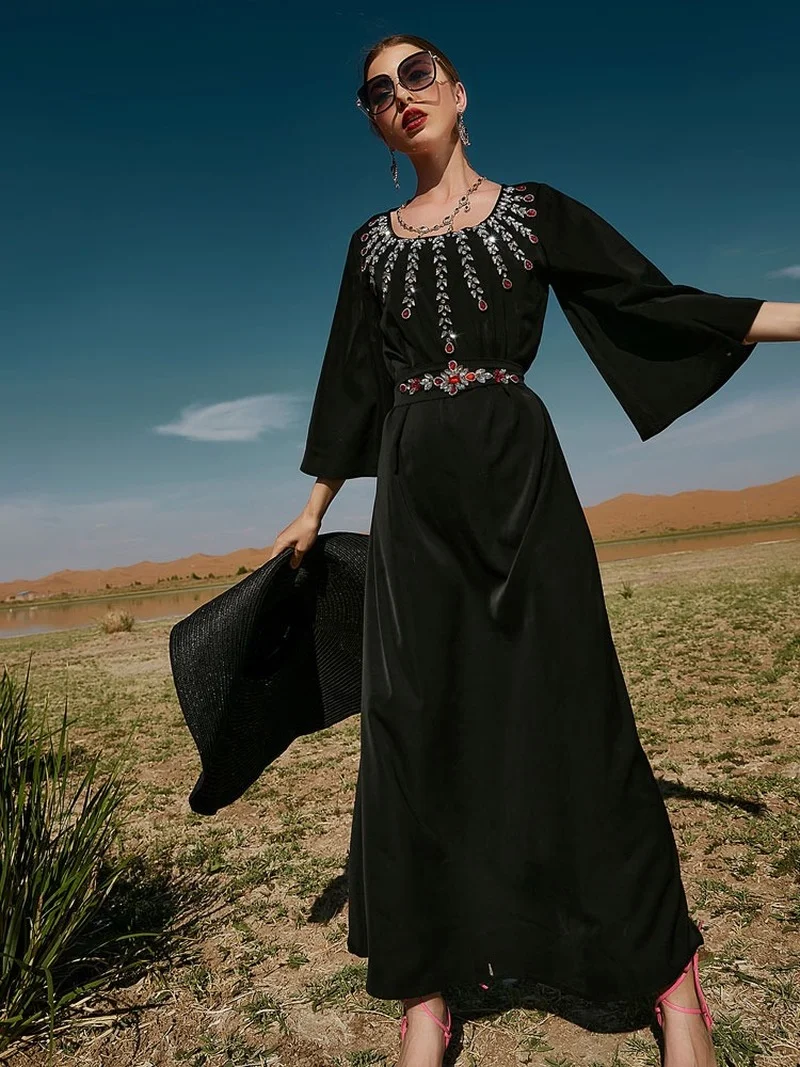 Rhinestone Kaftan Women Moroccan Party Caftan Satin Flare Sleeve Muslim Long Dress Belted Arab Dubai Saudi Abaya  Ramadan Black