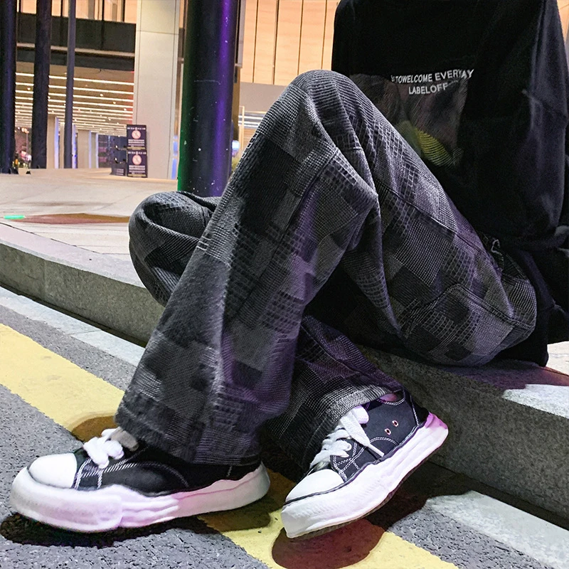 DEEPTOWN Patchwork Straight Jeans Men Streetwear Korean Fashion Denim Plaid Pants Hip Hop Trousers Male Loose Casual Spring 3XL