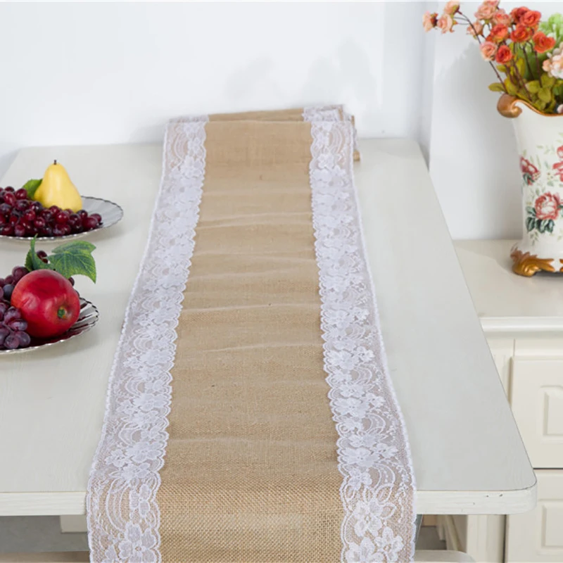 

Rustic Burlap Lace Table Runner Natural Imitated Linen Tea Table Cover Table Runners For Wedding Festival Birthday Party Decor