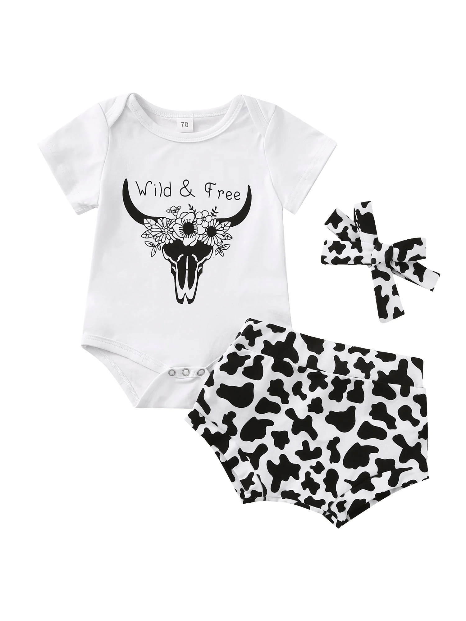 

Newborn Baby Girl Summer Outfits Short Sleeve Cow Print Romper Bodysuit Stretch Shorts Headband 3Pcs Clothes Set 0-24M
