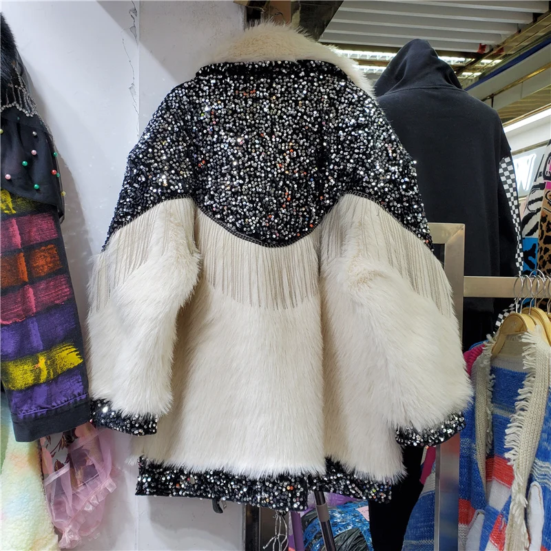 Embroidery Sequins Tassel Chain Faux Fur Coat Women Fur Collar Long-Sleeved Thickened Leather Stitching Fur Jacket Winter 2021