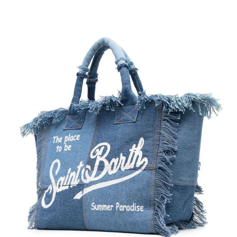 

Europe and America Travel High Capacity Women's Bag New Handmade Tassel Handbag Fashion Printed Denim Tote Bag