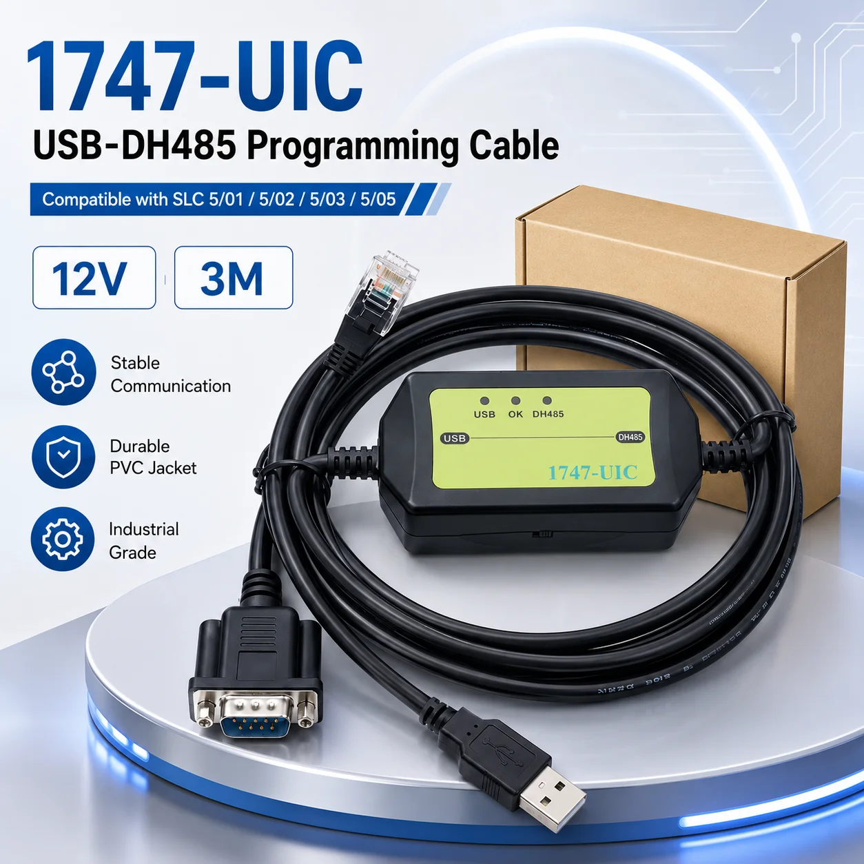 Фото Кабель для программирования ПЛК 1747-UIC USB-DH485, 3-метровый кабель для передачи данных для AB SLC 5/01 5/02 5/03 5/05, стабильная связь №1