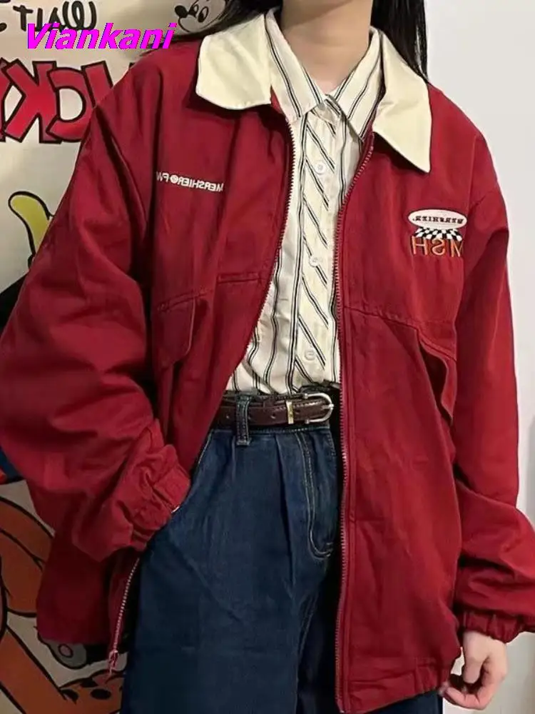 

Harajuku Zipper Varsity Jackets Women Vintage Streetwear BF Oversized Patchwork Loose Coats Y2K Hip Hop Casual Workwear Tops