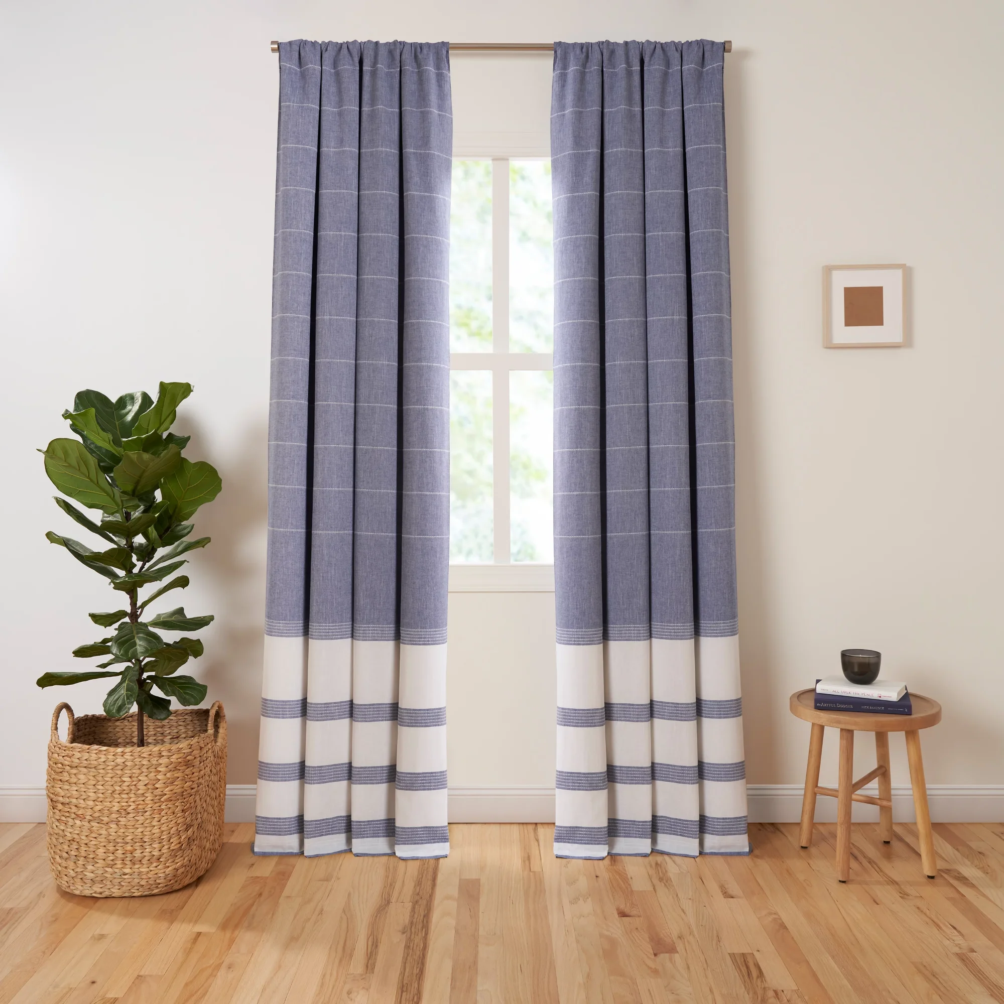 

Gap Home Lined Border Stripe Organic Cotton Room Darkening Rod Pocket Window Curtain Pair Navy 95