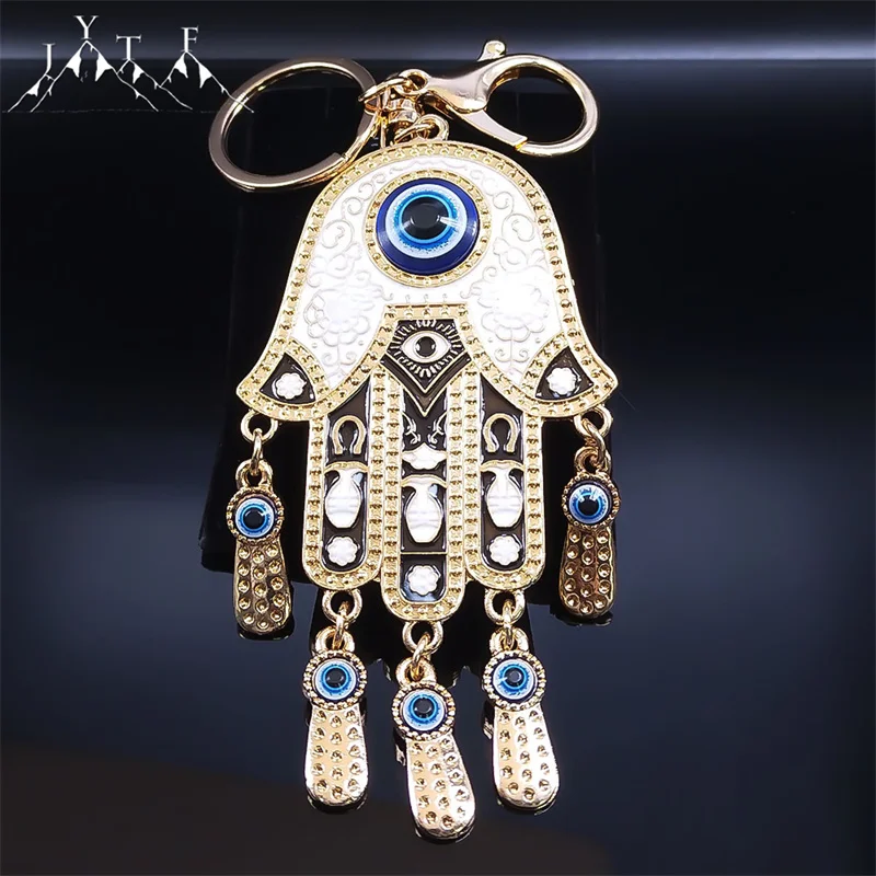 

Exquisite Lucky Evil Blue Eye Hamsa Hand Keychain Alloy Big Hand of Fatima Tassel Key Ring for Women Turkish Eyes Islam Jewelry