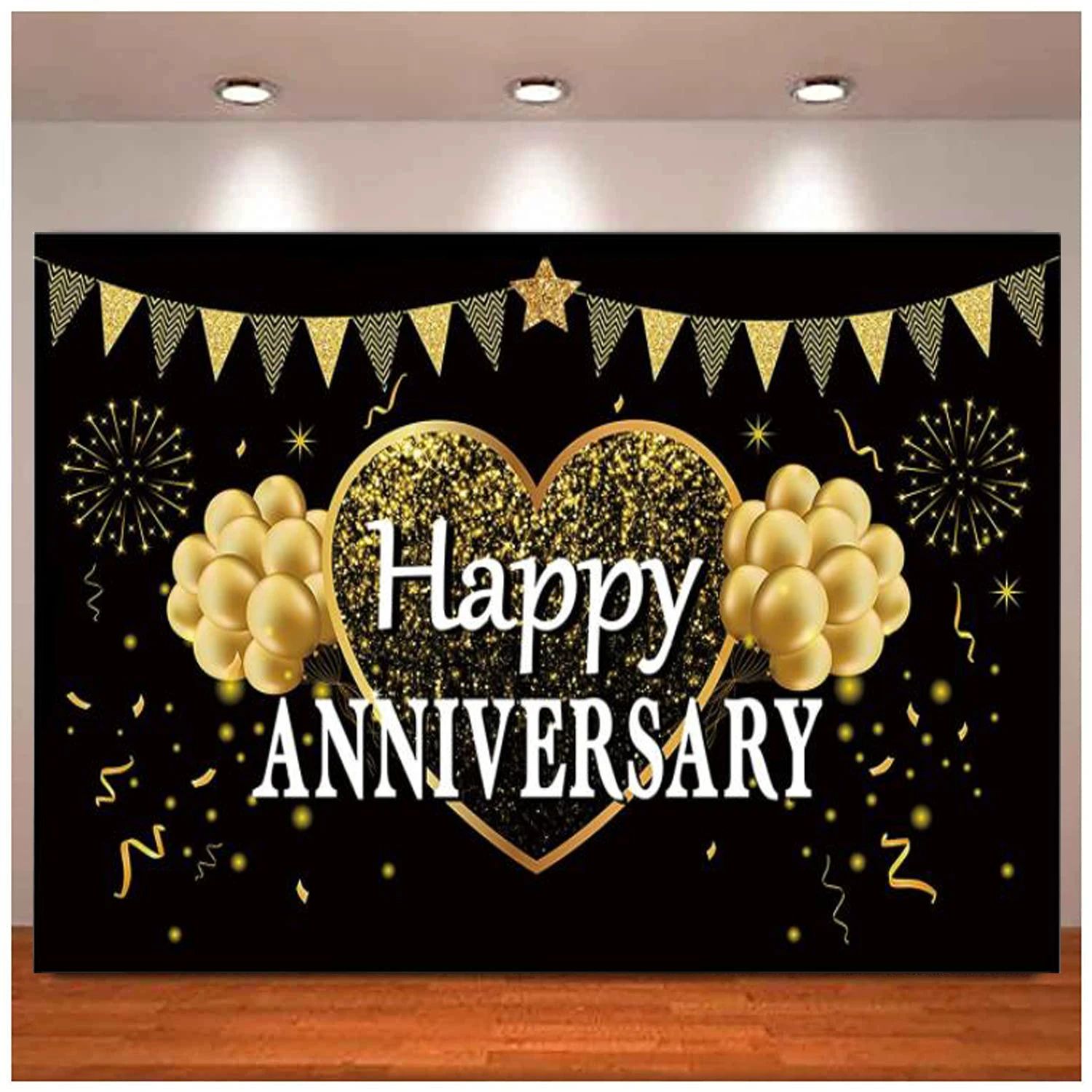 

Happy Anniversay Party Backdrop Banner Black Gold Supplies Large Yard Sign Backgroud For Indoor And Outdoor Party Decoration