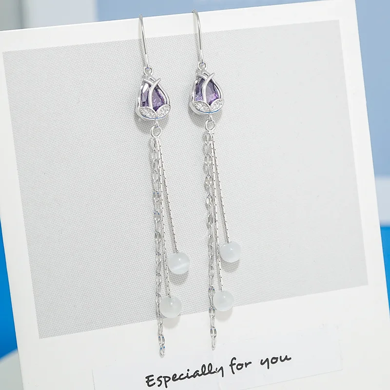 

Fashion Luxury S925 Sterling Silver Earrings Purple Tulip Tassel Ear Line Opal Earrings For Women Jewelry Christmas Gift