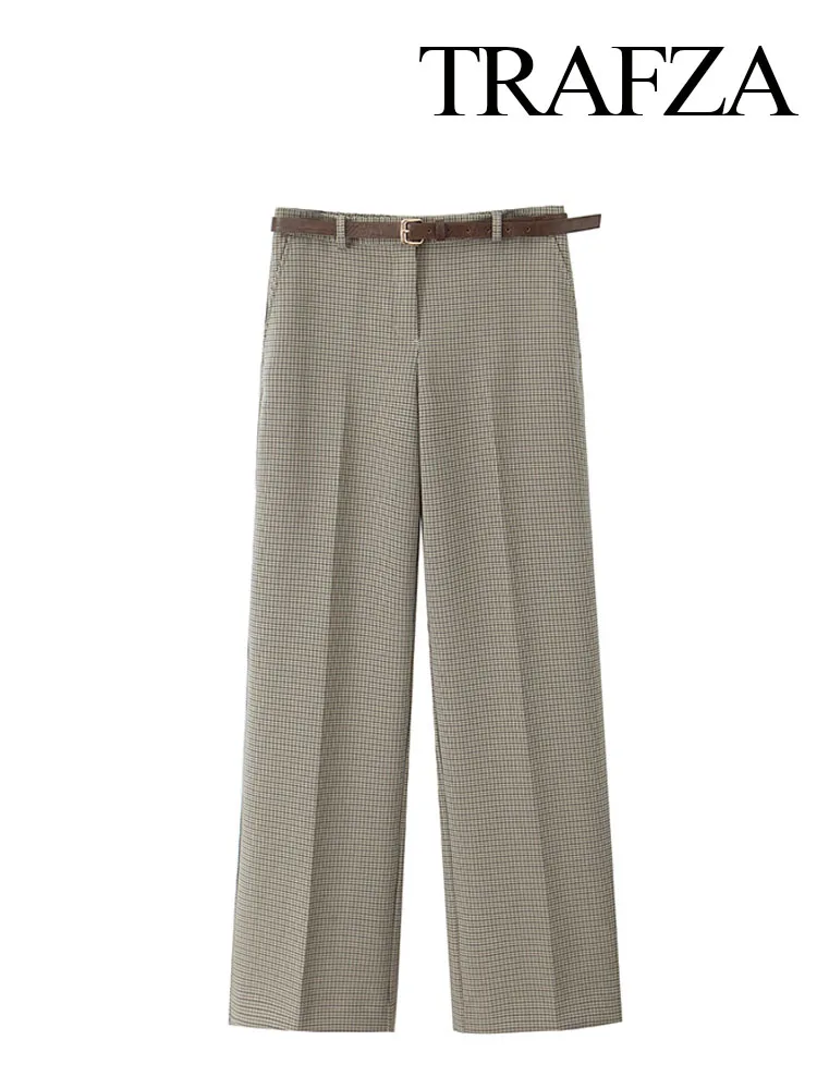 Брюки женские клетчатые с высокой талией на пуговицах молнии