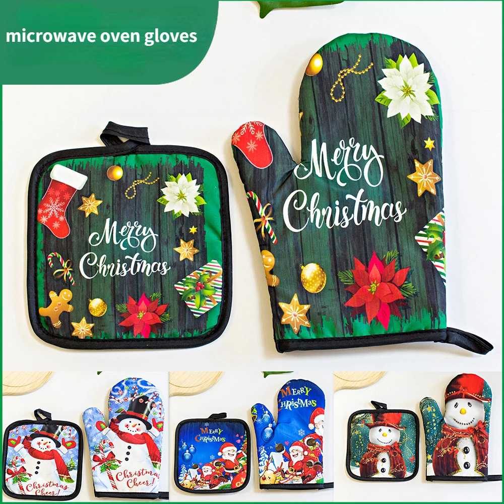 

2pcs Potholders Pad and Stove Oven Gloves Set Resistant Thermal Anti-heat Take Hot Pot Cooking Christmas Pattern Baking Gloves