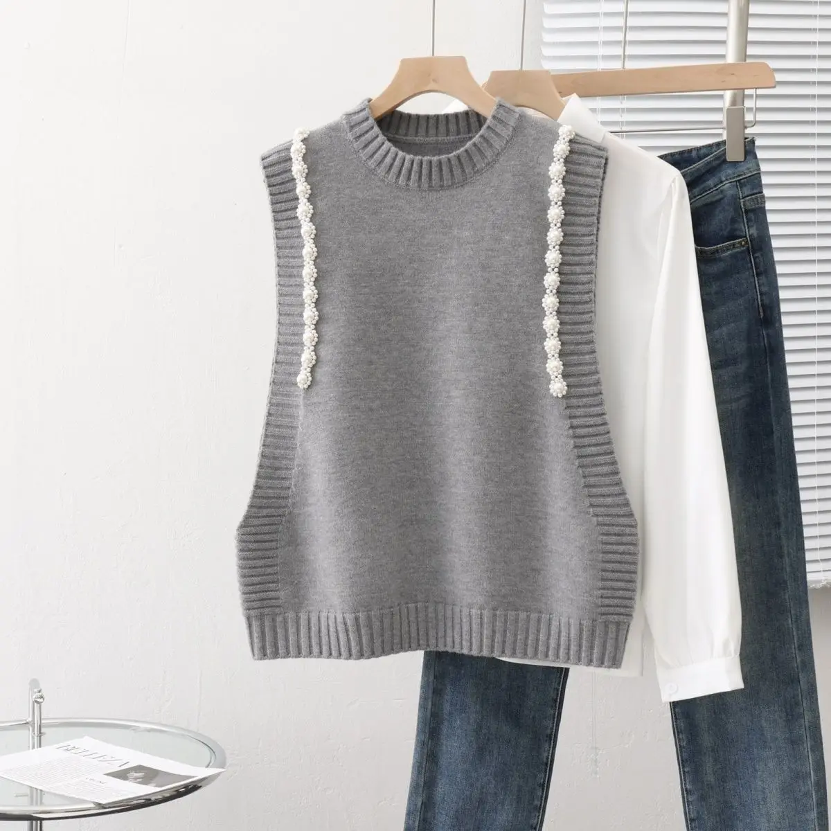 

Модный женский жилет с бисером PPearl, серый жилет без рукавов, Женский трикотажный жилет, пуловеры, КАМИС